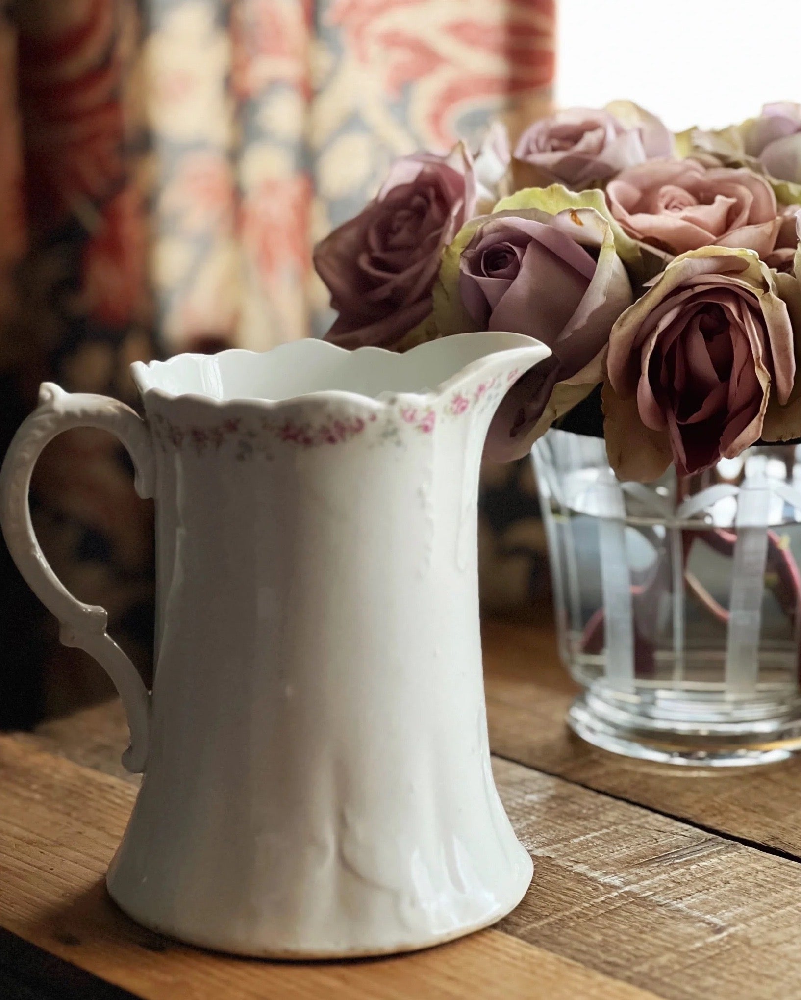 antique white and pink floral pitcher