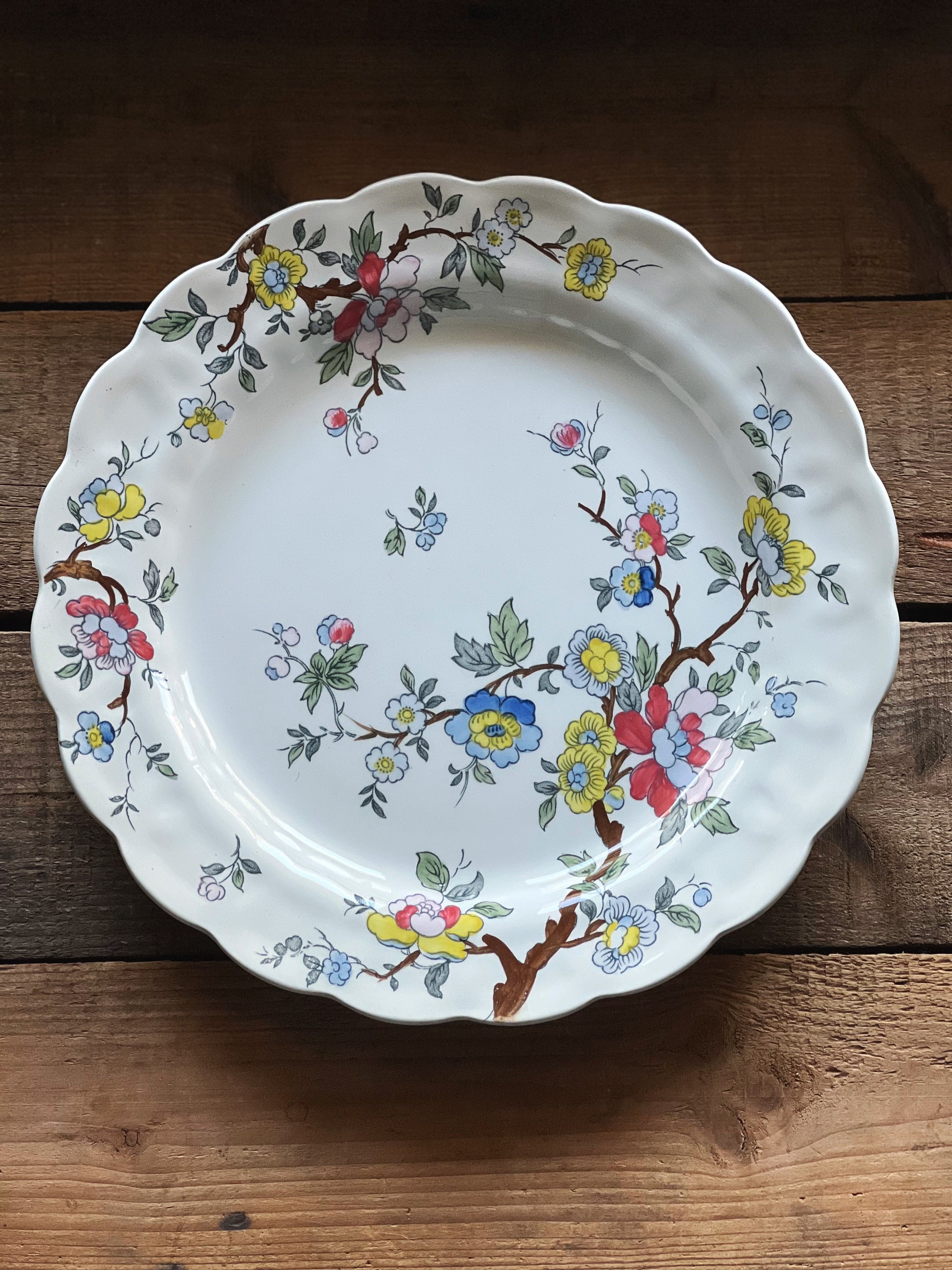 Booths Chinese Tree dinner plate with a boldly colored floral design and scalloped edge