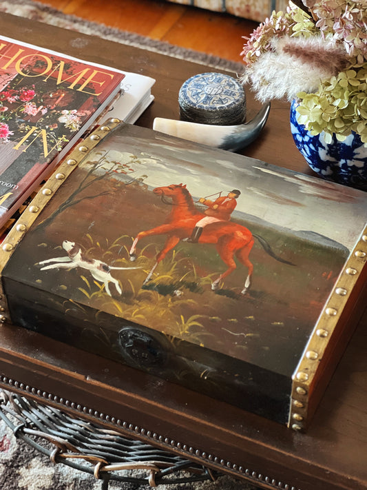 hand painted wooden storage box with an equestrian design