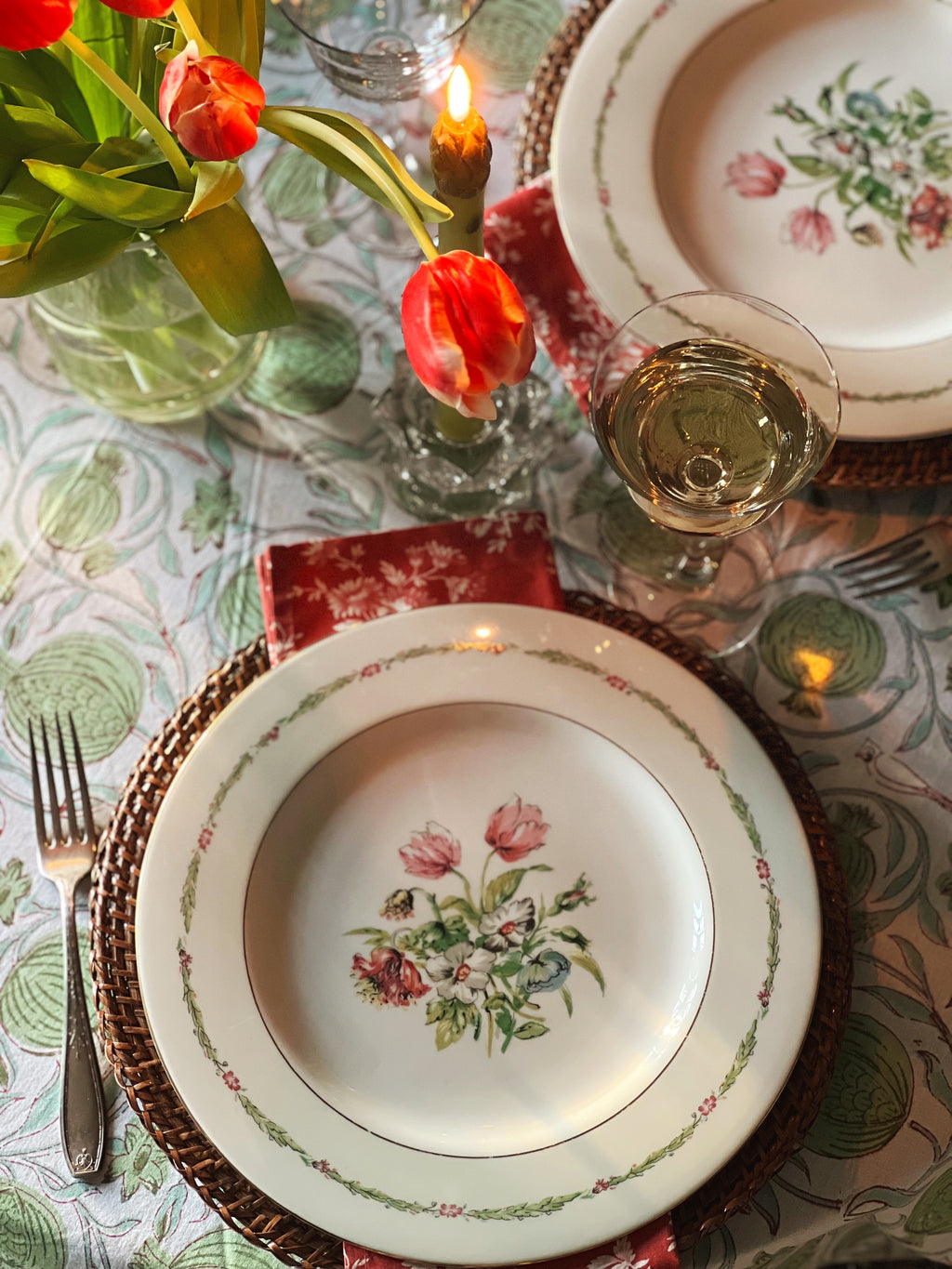Block Print Tablecloth in Green Blue & White Hand Made in Spain