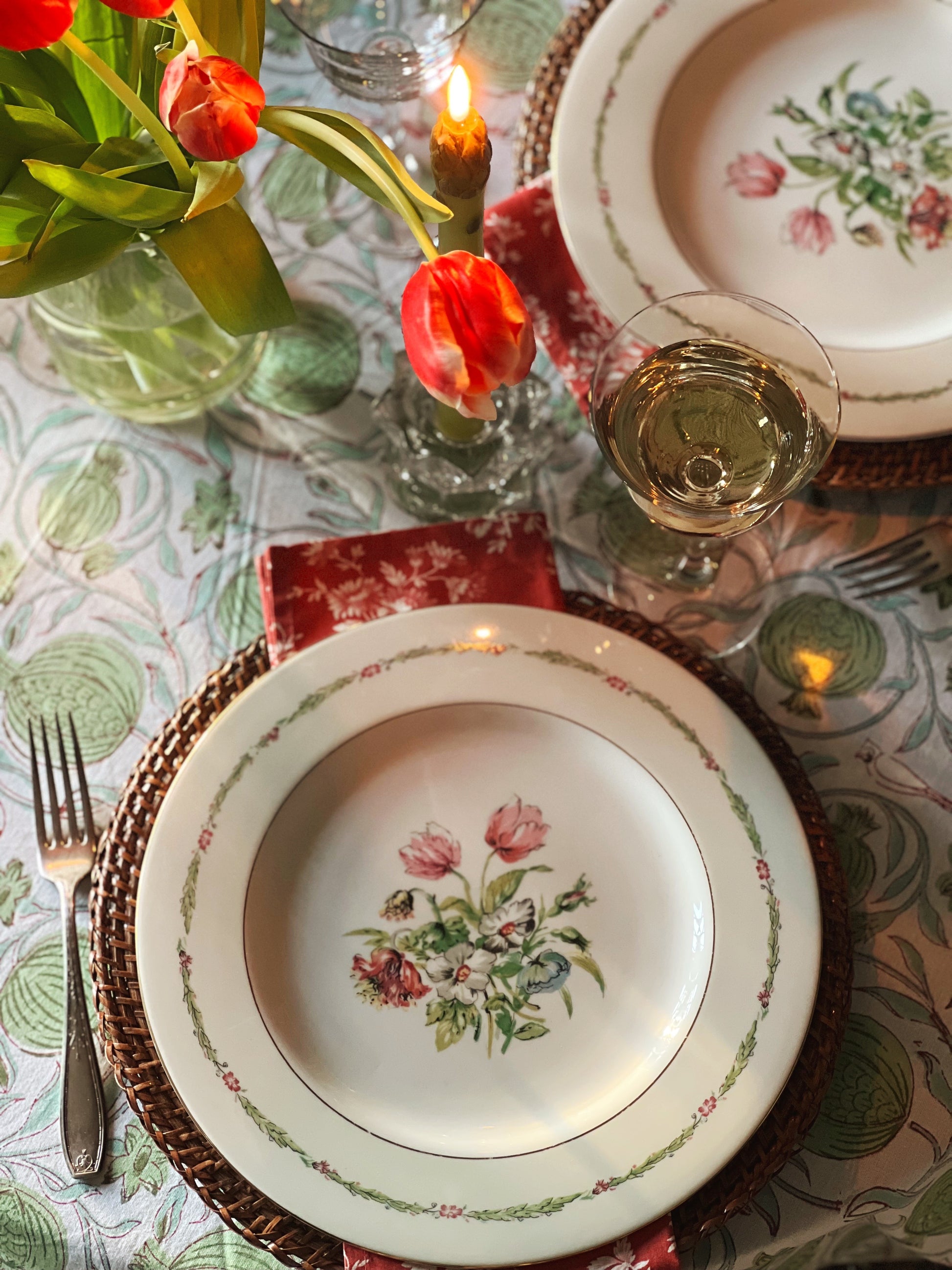 Block Print Tablecloth in Green Blue & White Hand Made in Spain