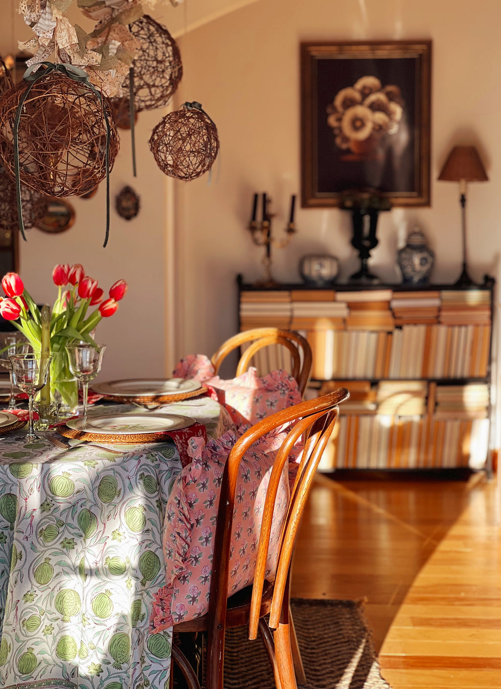 Block Print Tablecloth in Green Blue & White Hand Made in Spain