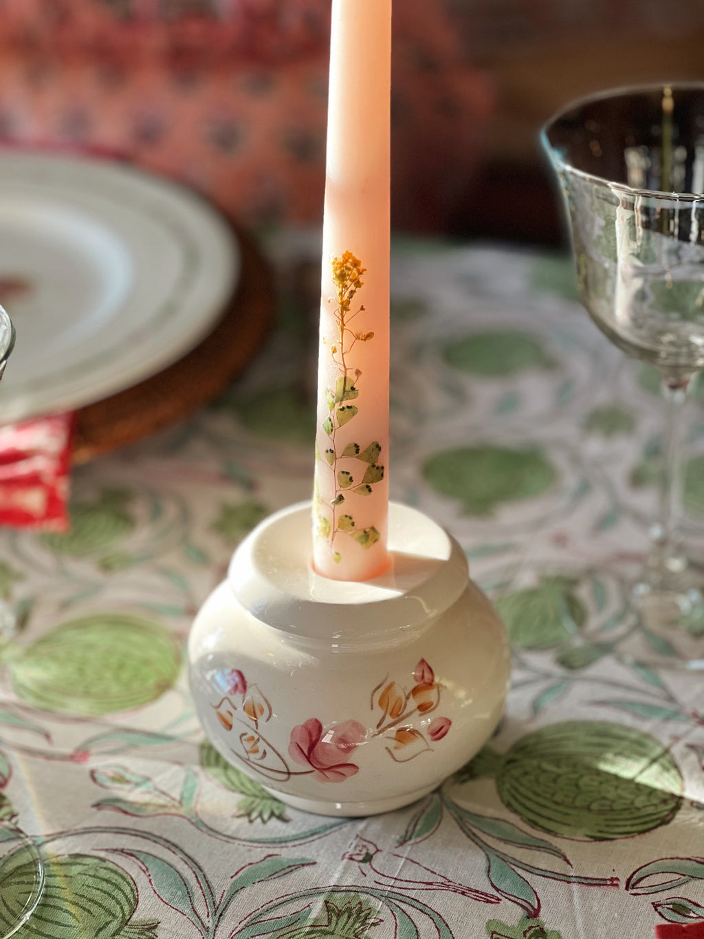 Vintage Ceramic Candleholder with Pink Floral Design