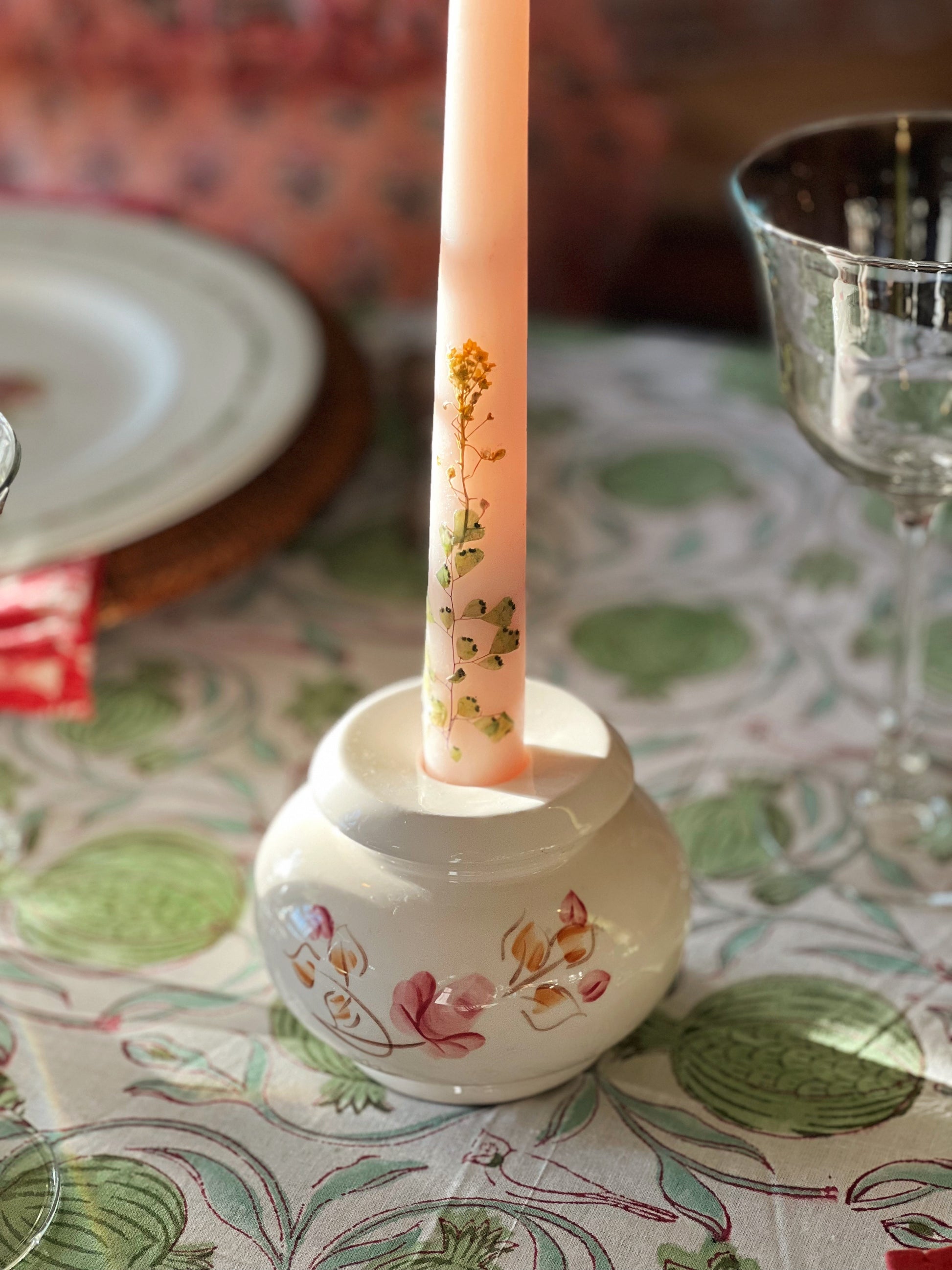 Vintage Ceramic Candleholder with Pink Floral Design
