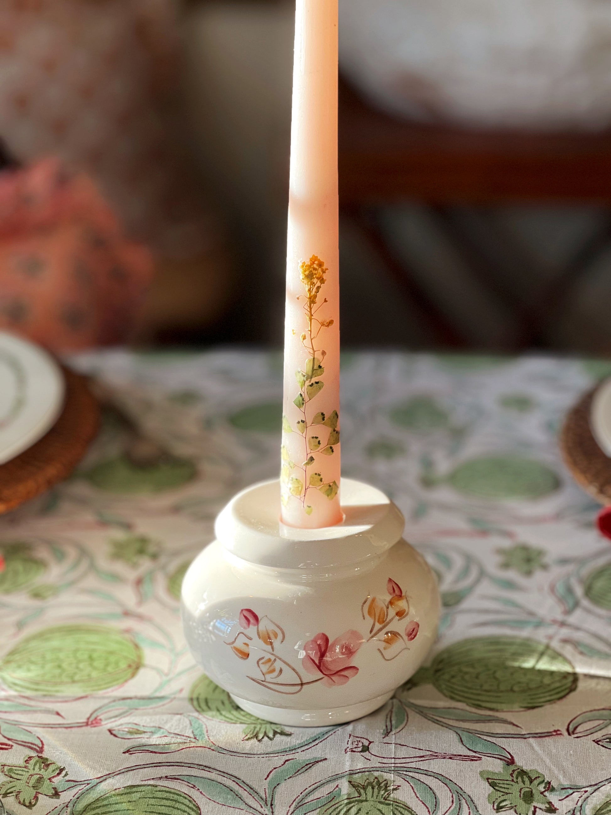 Vintage Ceramic Candleholder with Pink Floral Design