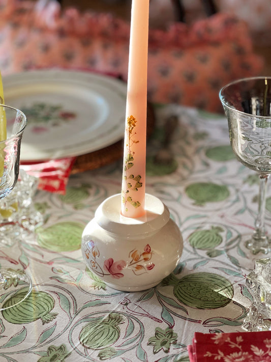 Vintage Ceramic Candleholder with Pink Floral Design