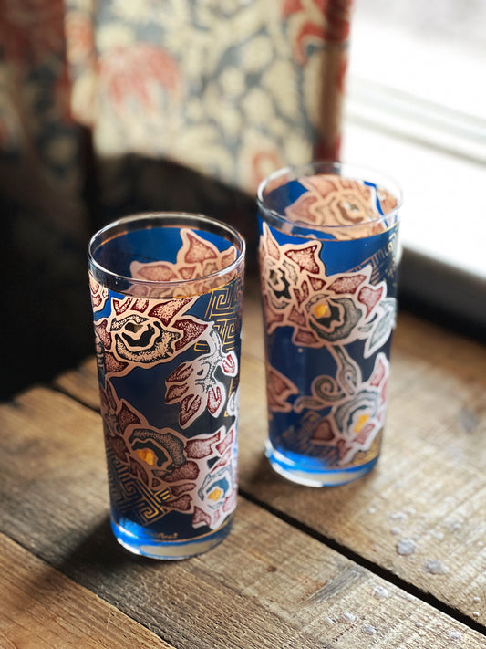 navy and red floral highball glasses