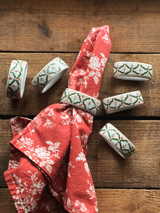 Vintage Set of 6 Pink and Green Floral Porcelain Napkin Rings