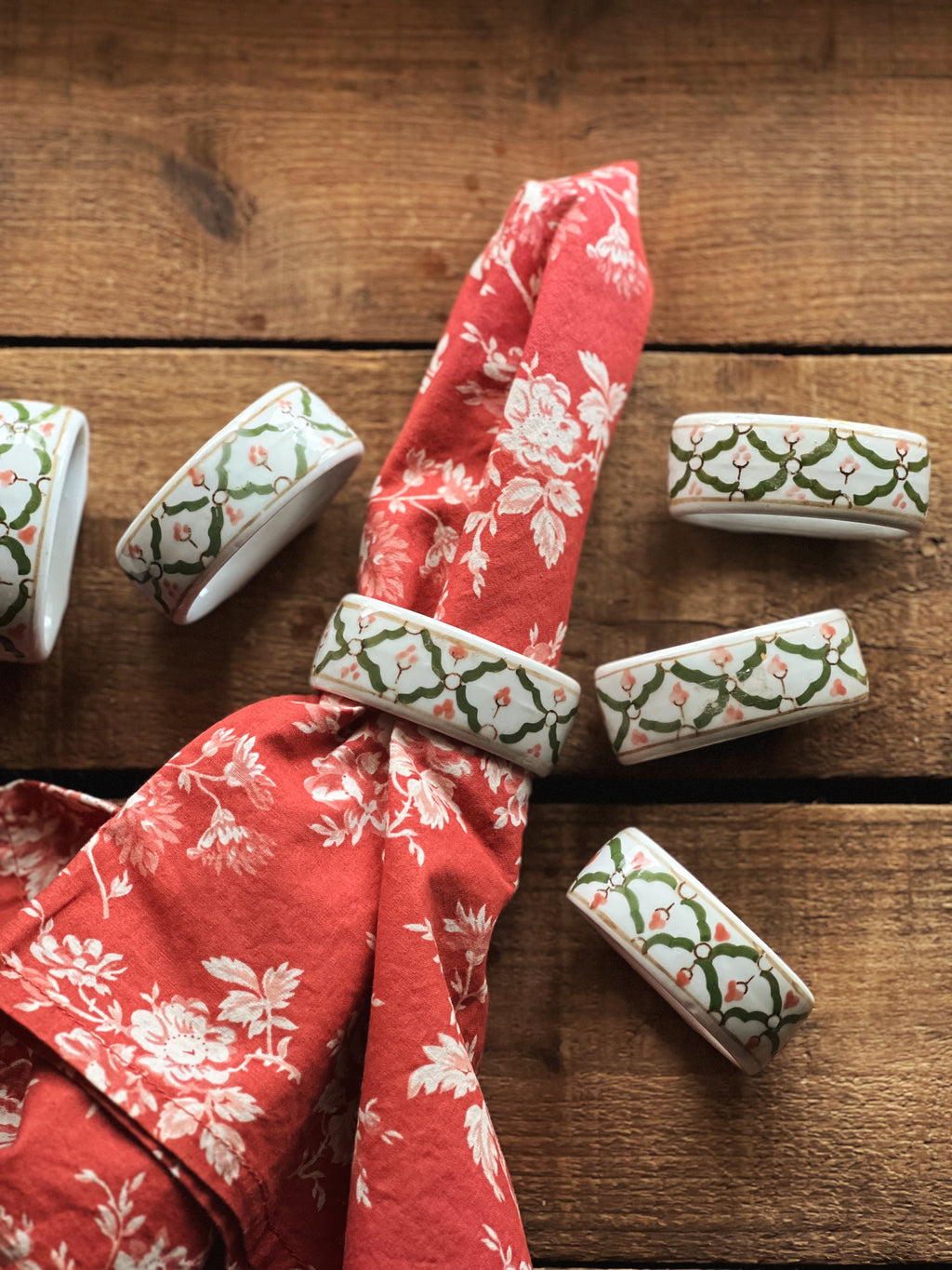 Vintage Set of 6 Pink and Green Floral Porcelain Napkin Rings
