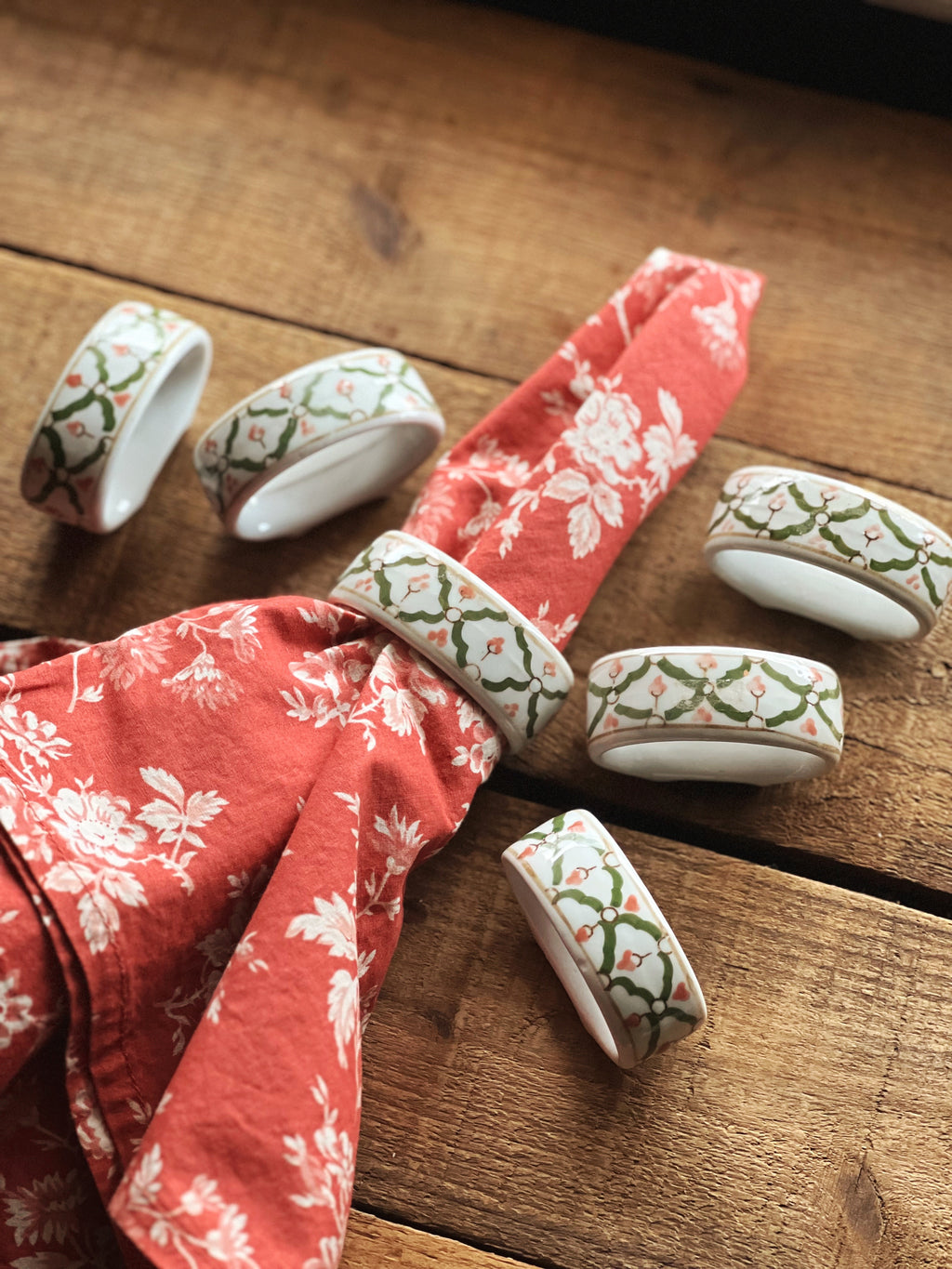 Vintage Set of 6 Pink and Green Floral Porcelain Napkin Rings