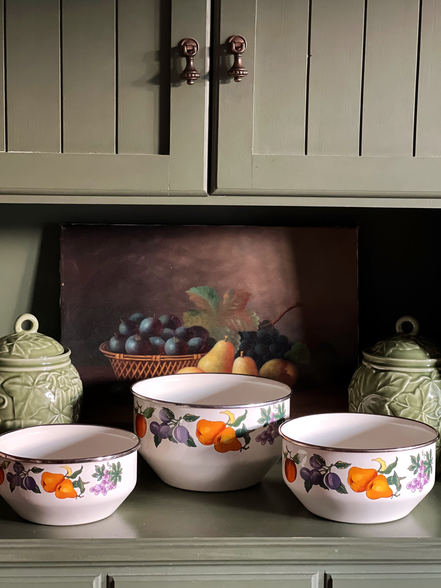 set of 3 enamel mixing bowls with a floral design