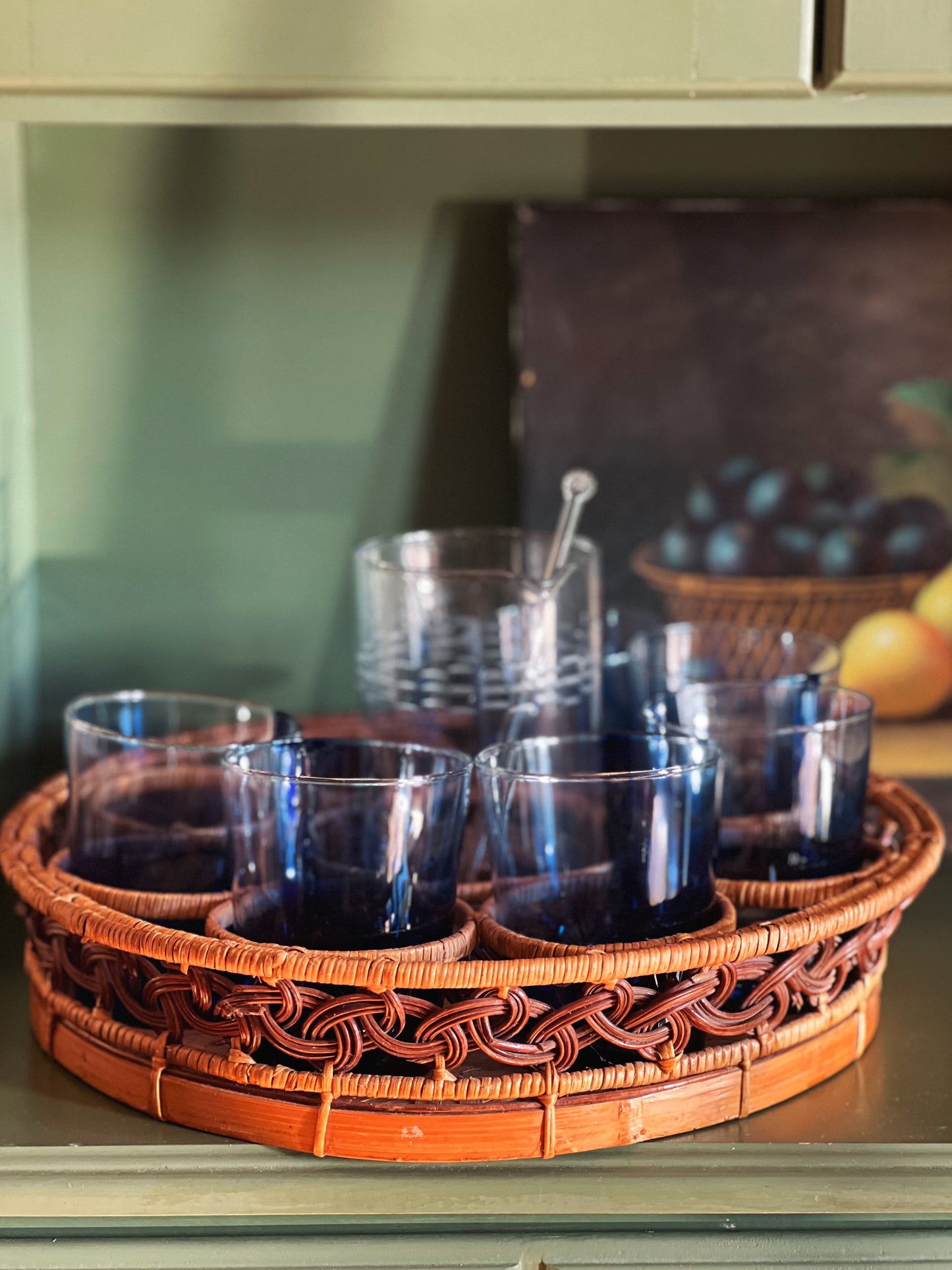 Vintage Bamboo 8 Glass Drink Caddy / Beverage Basket