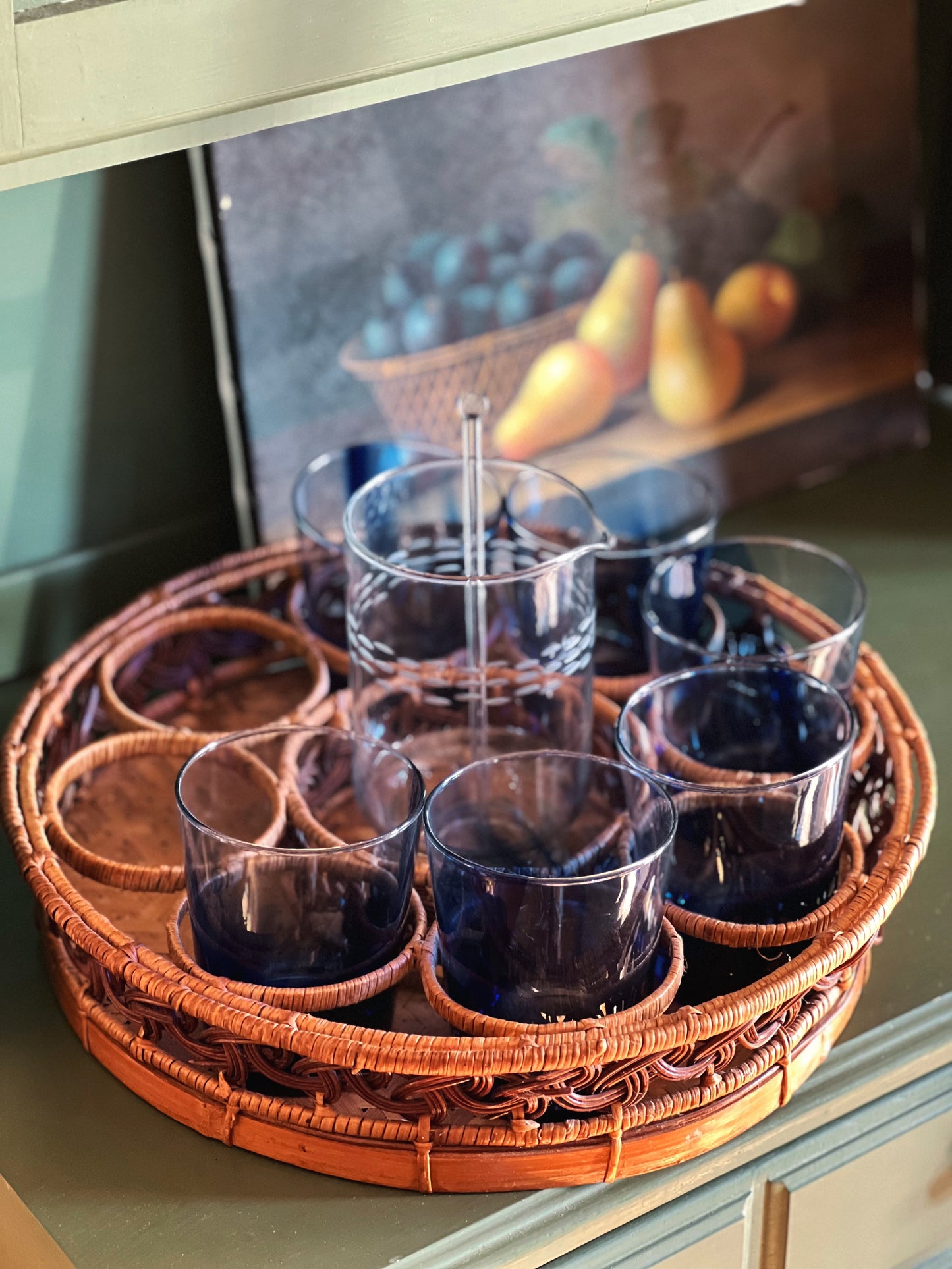 Vintage Bamboo 8 Glass Drink Caddy / Beverage Basket