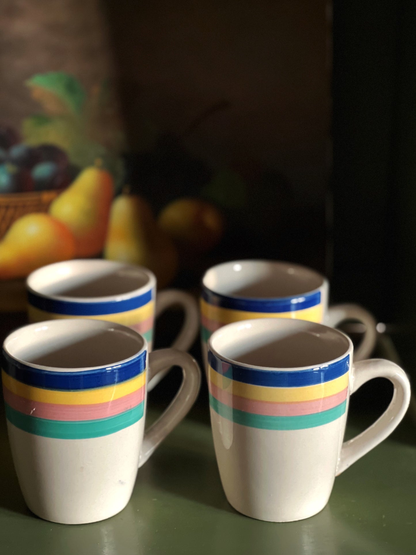 Set of 4 Vintage Rainbow Stripe Coffee Mugs