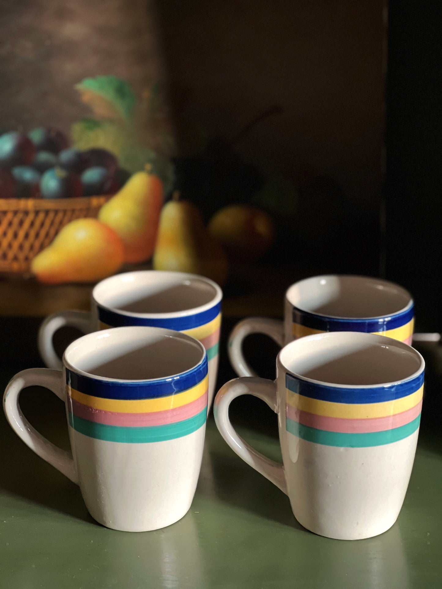 set of 4 rainbow stripe stoneware mugs