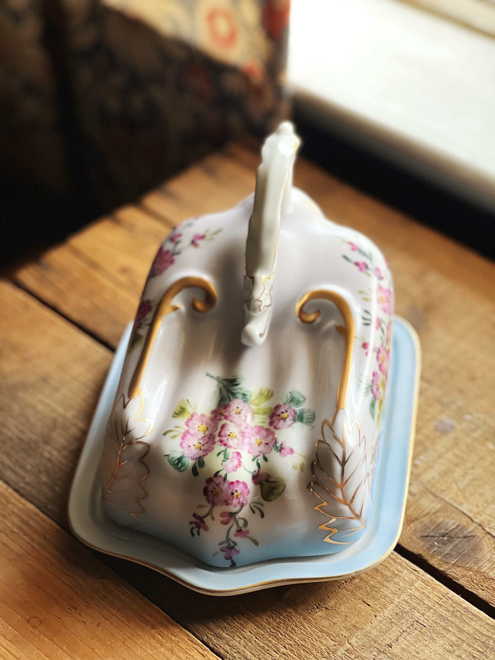 multicolor floral and gold hand painted cheese dish