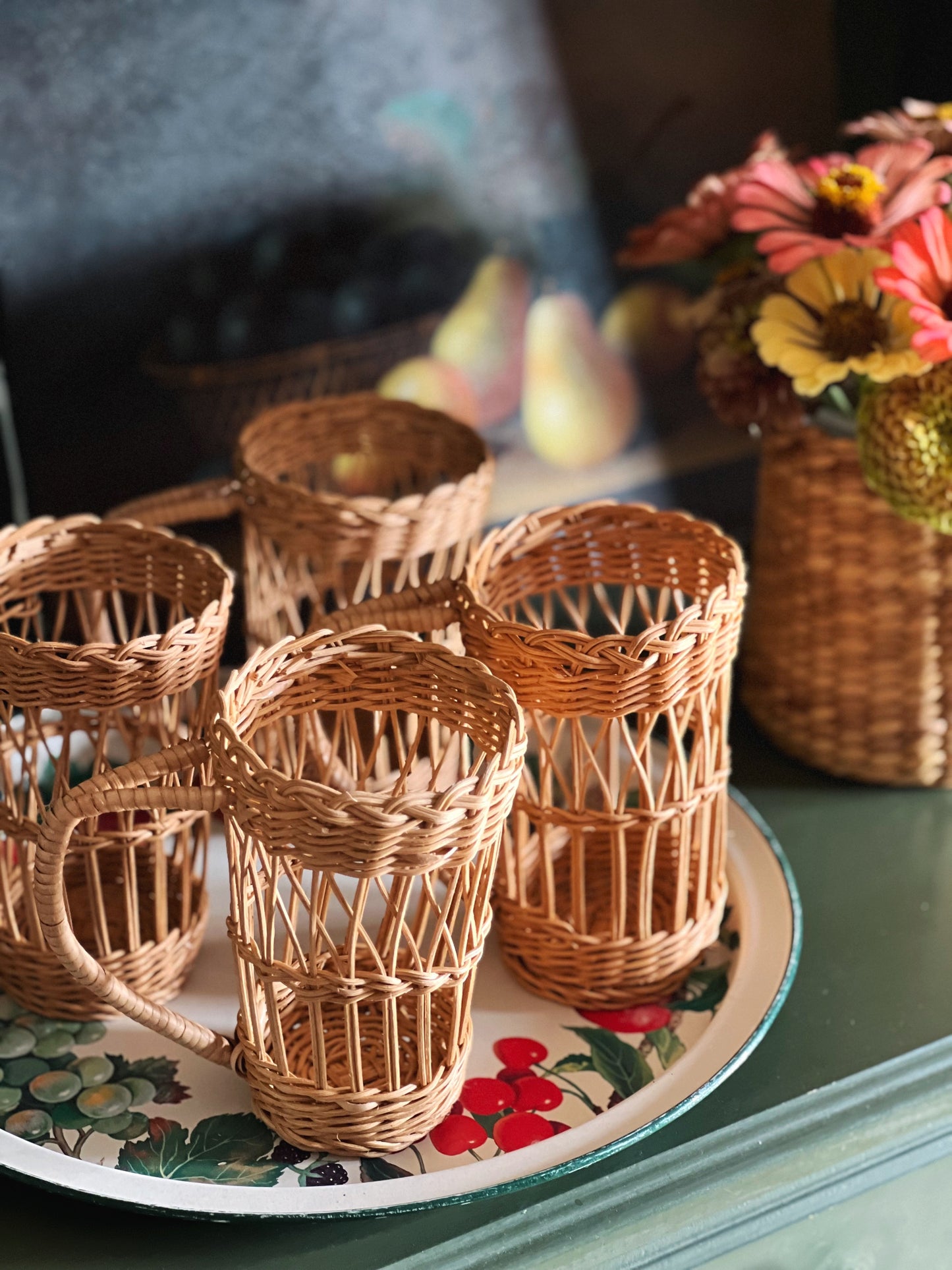 Set of 4 Vintage Wicker Woven Cup Holders