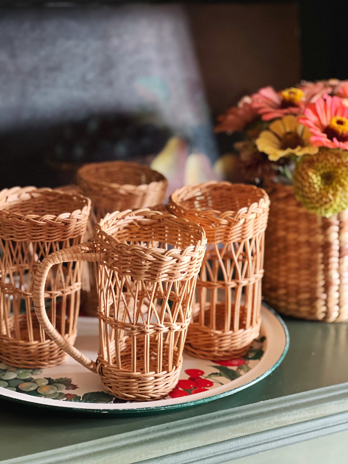 Set of 4 Vintage Wicker Woven Cup Holders