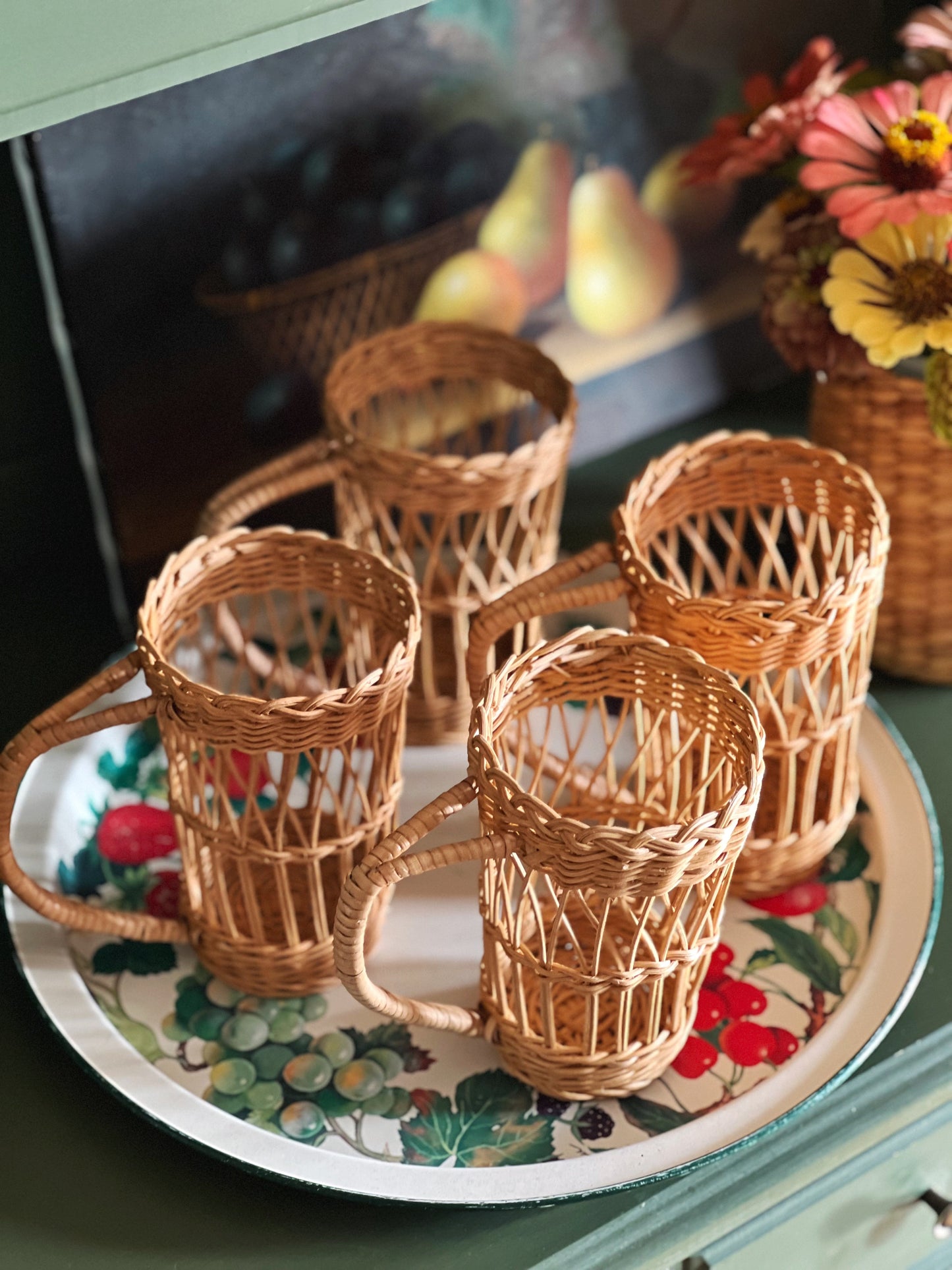 Set of 4 Vintage Wicker Woven Cup Holders