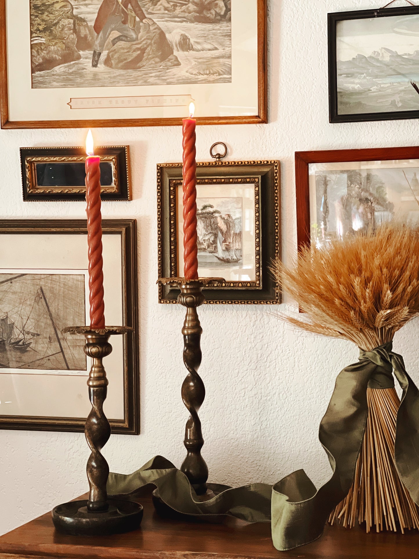 Pair of Vintage Brass & Bronze Barley Twist Candleholders