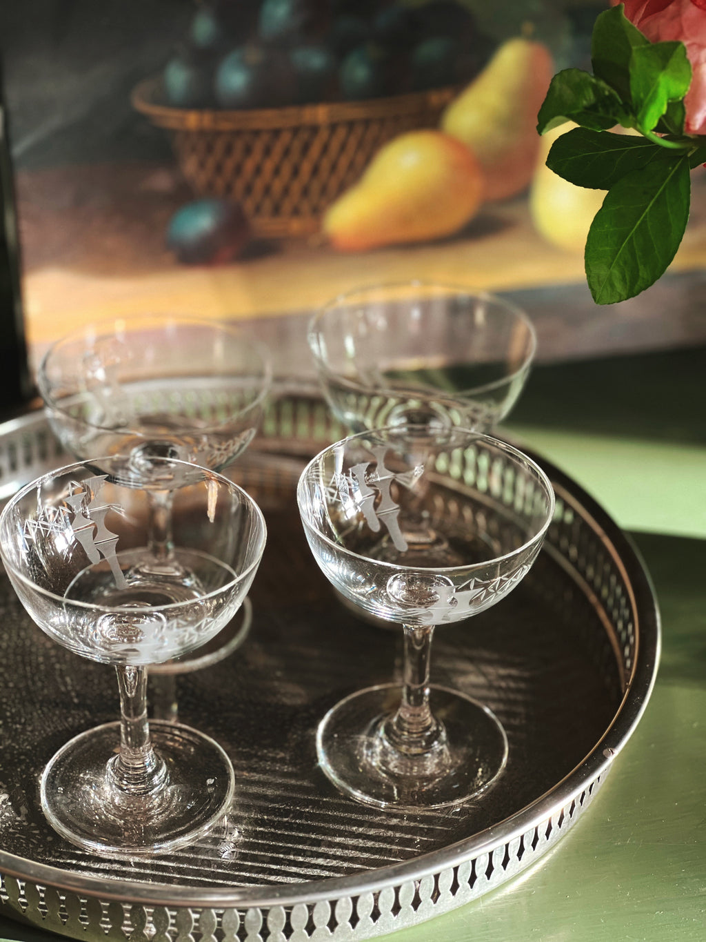 Vintage Etched Bamboo Champagne Coupe