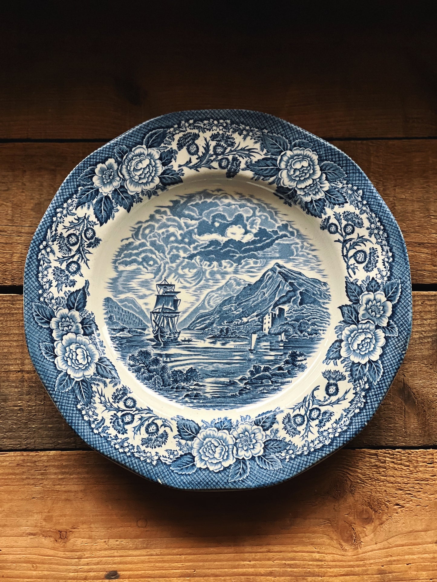 blue and white transferware dinner plate