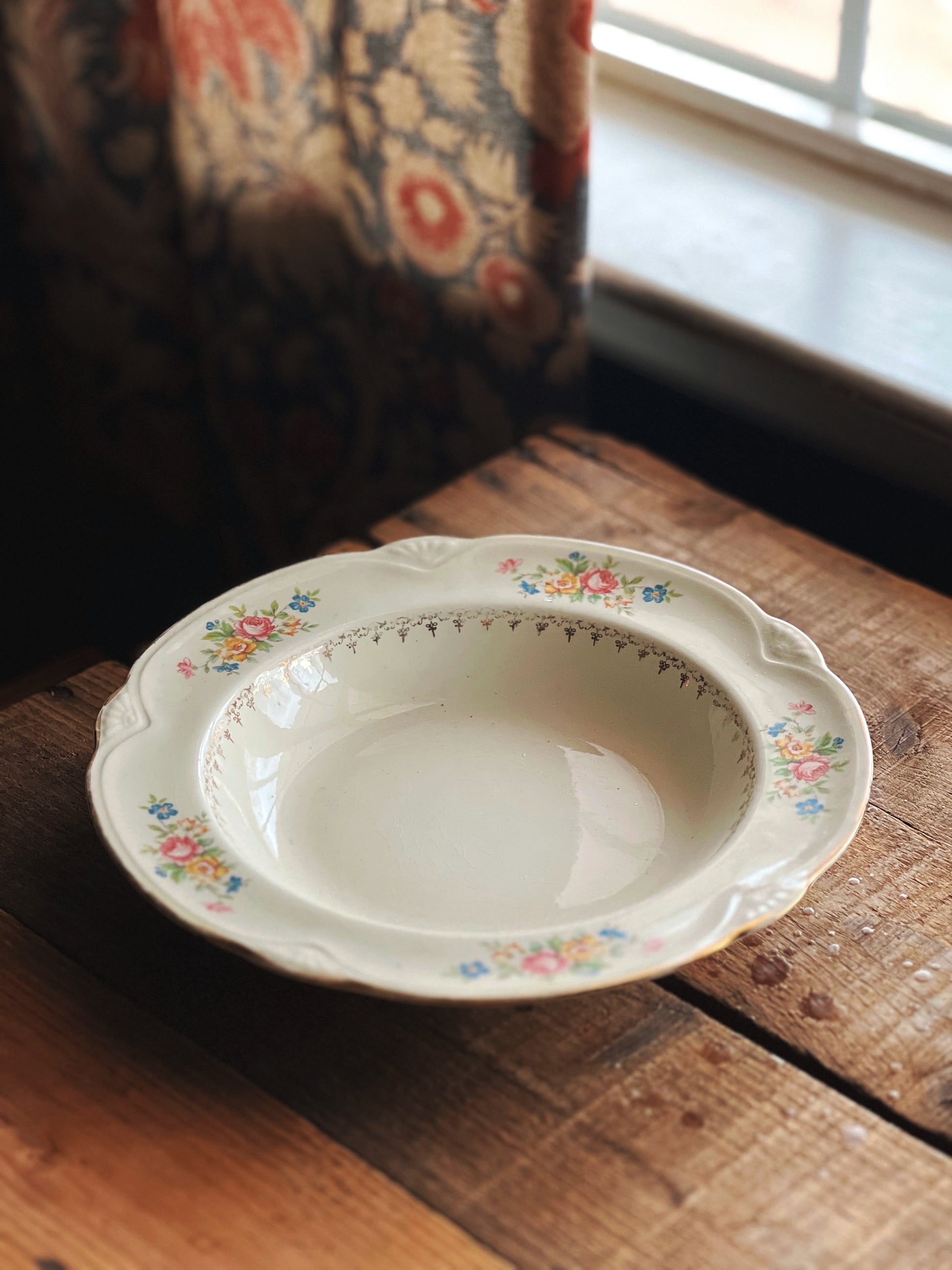 pink blue and green floral soup bowl