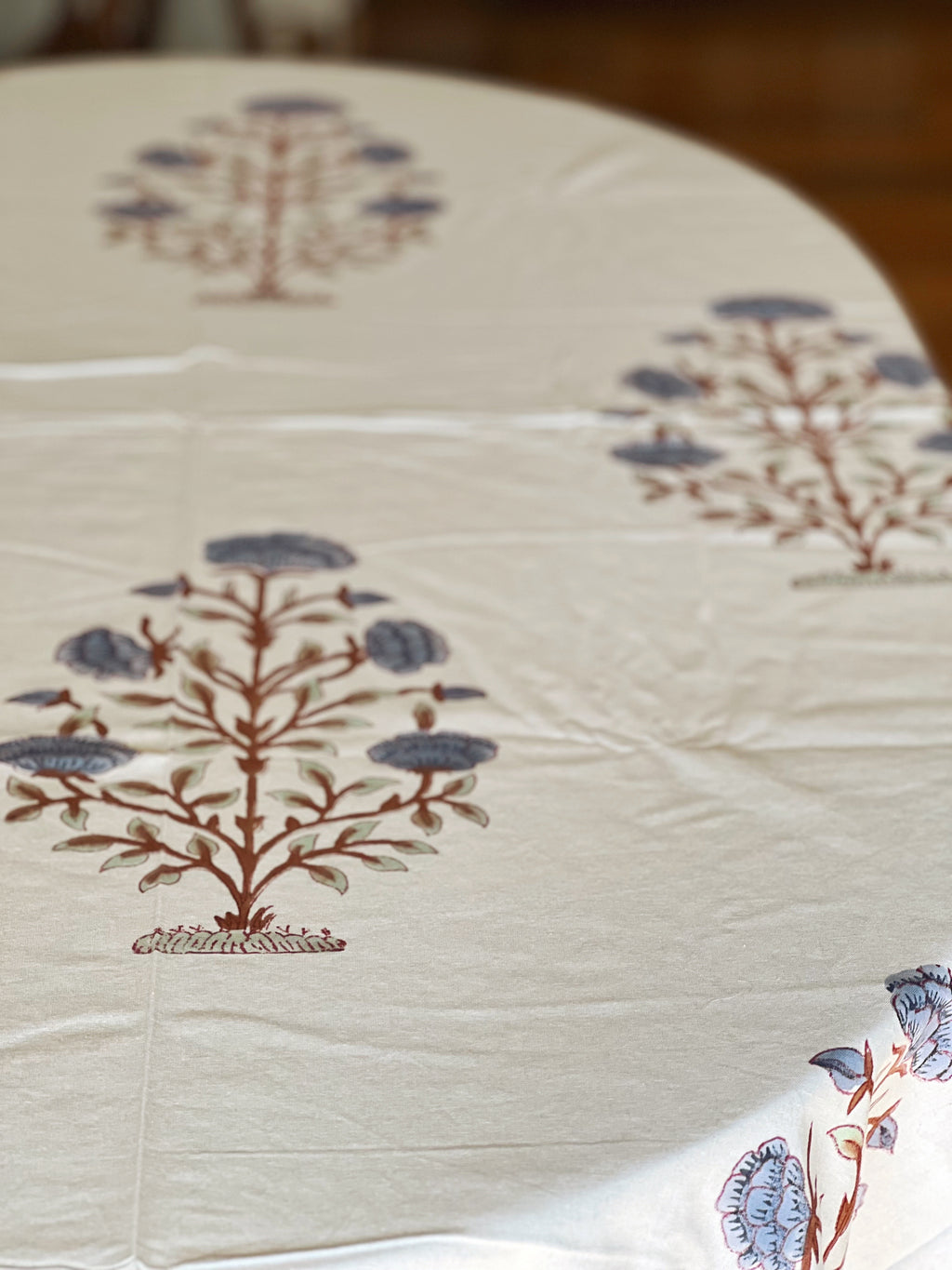 Block Print Tablecloth in White & Blue Hand Made in Spain