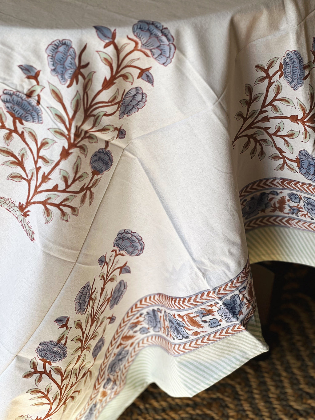 Block Print Tablecloth in White & Blue Hand Made in Spain