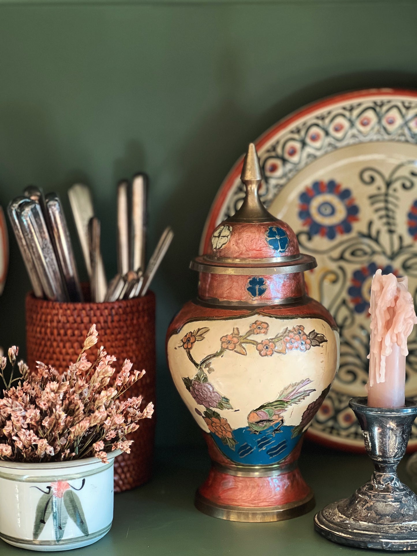 Vintage Brass Ginger Jar with Cloisonné Design