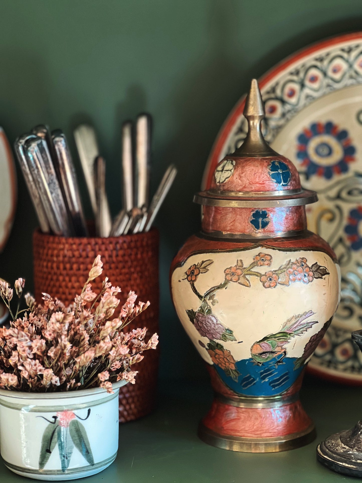 Vintage Brass Ginger Jar with Cloisonné Design