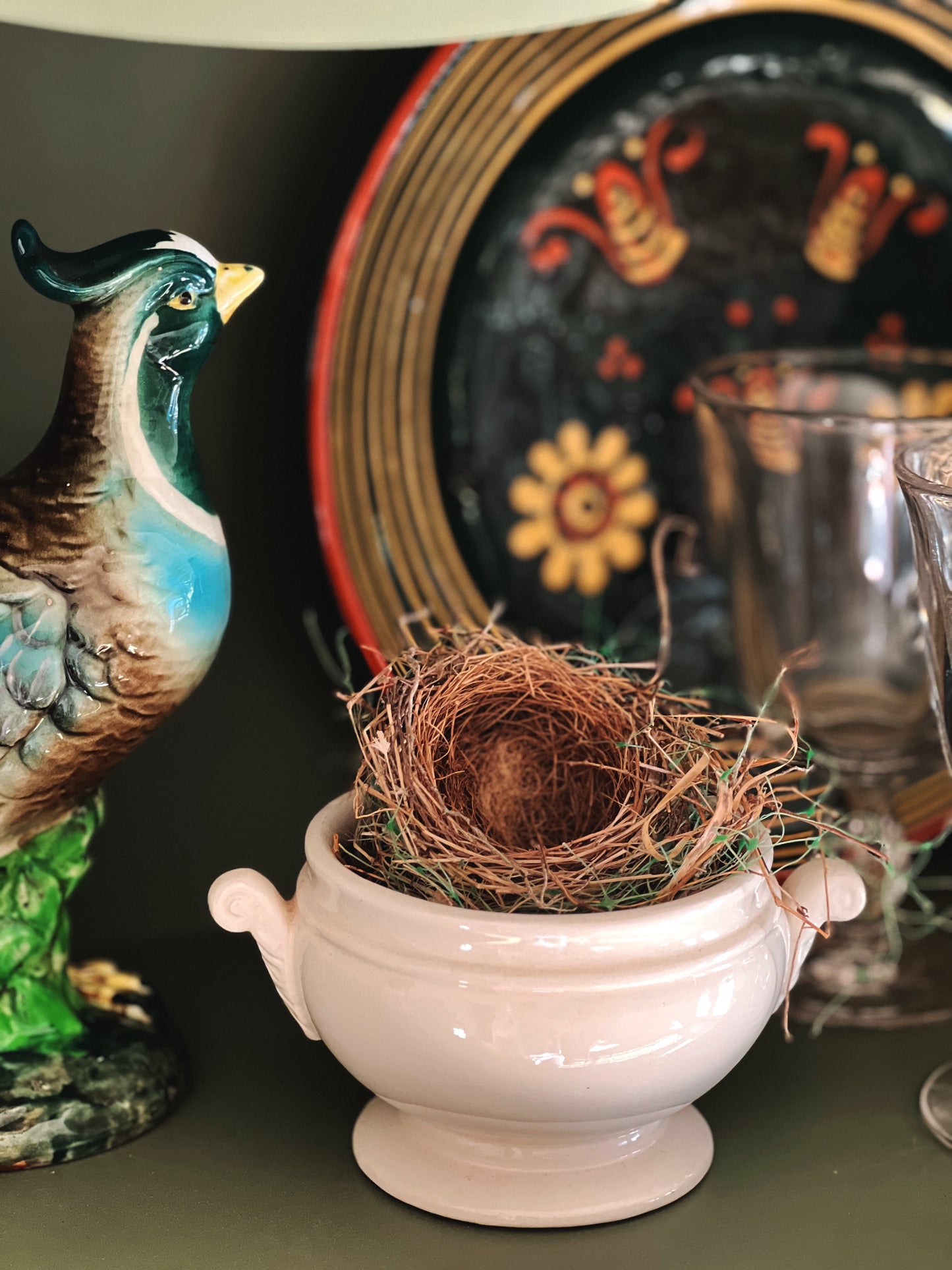 Small Vintage Ceramic Bowl with Bird's Nest