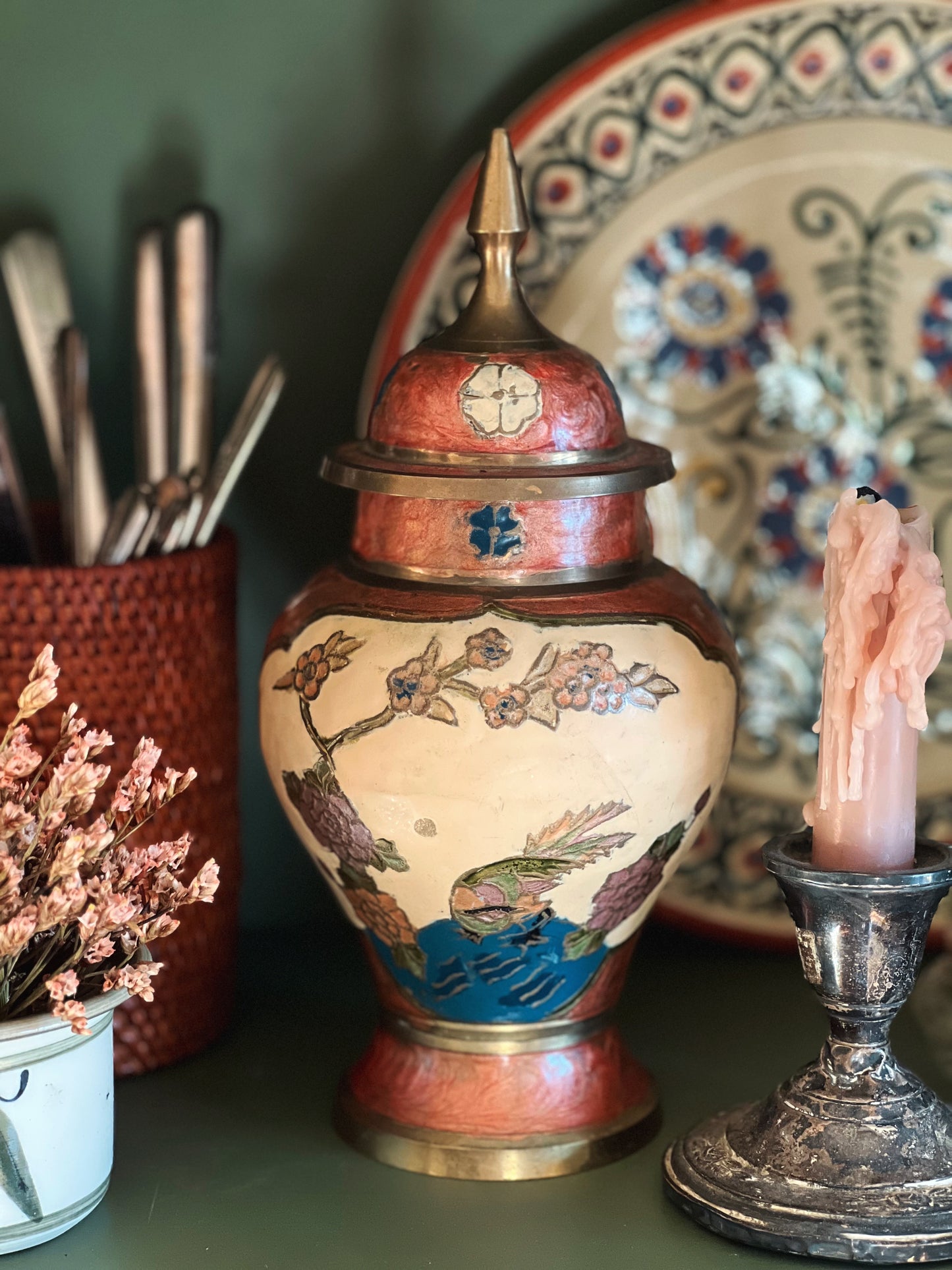 Vintage Brass Ginger Jar with Cloisonné Design