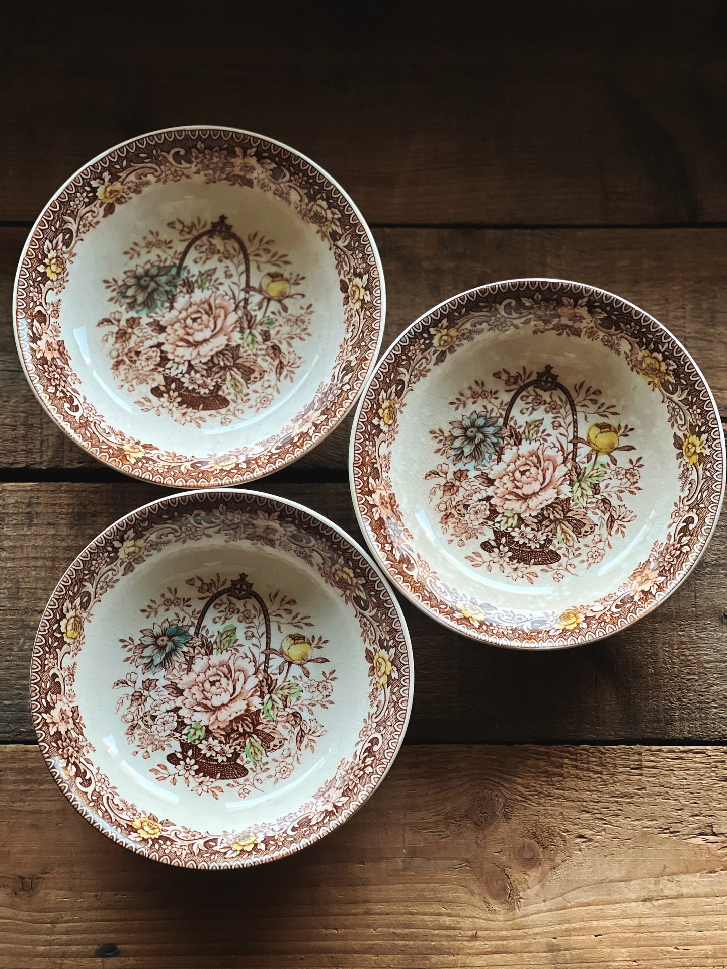 brown transferware bowls