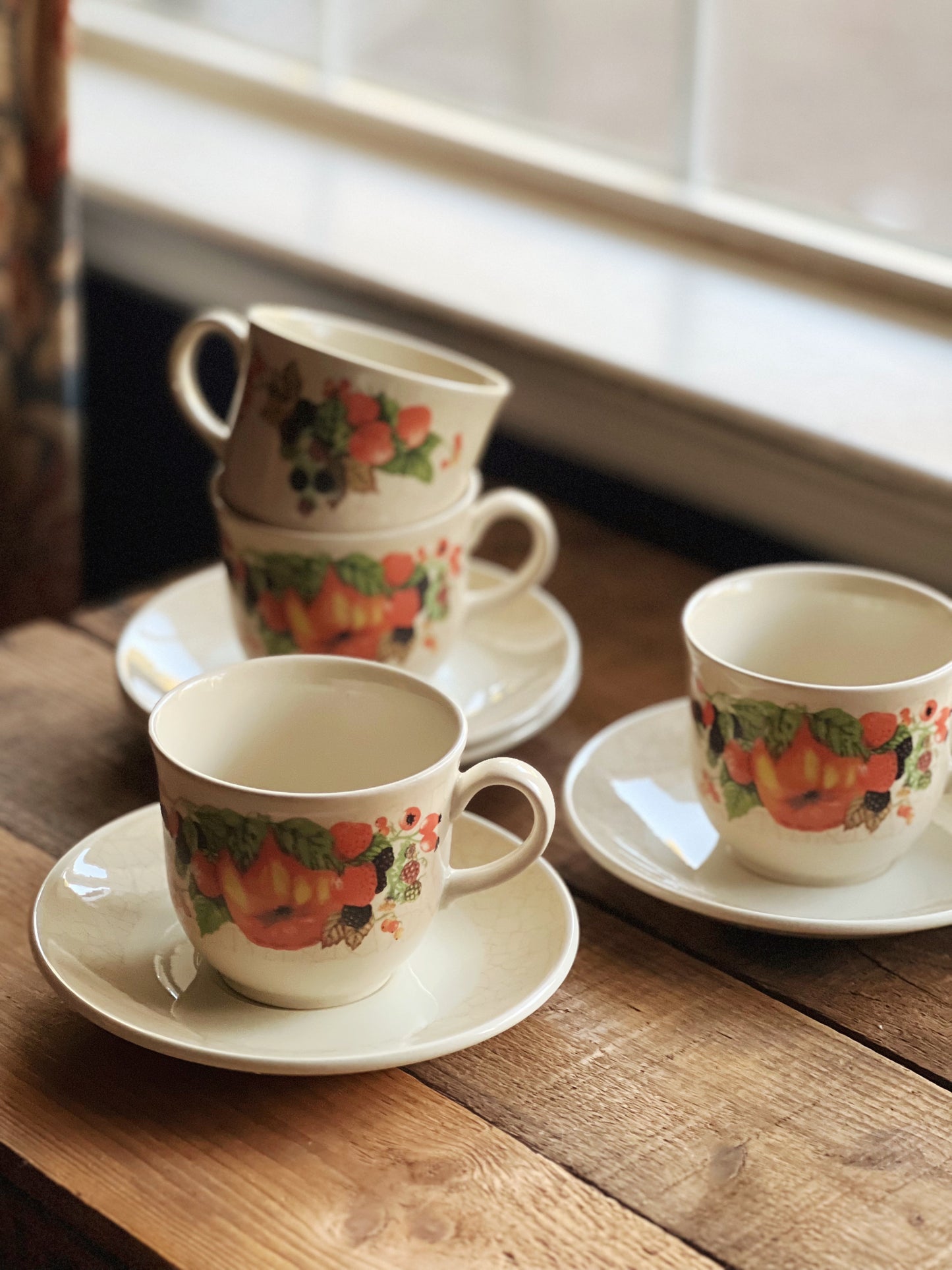 Vintage Staffordshire Harvest Fruit Set of 4 Teacup & Saucer Sets