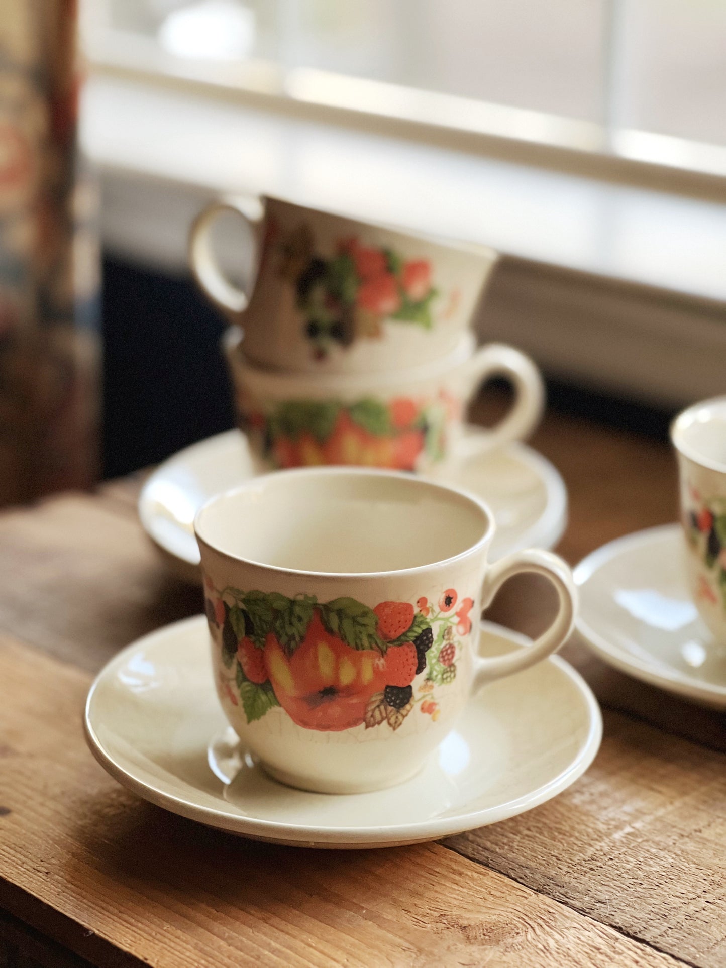 Vintage Staffordshire Harvest Fruit Set of 4 Teacup & Saucer Sets