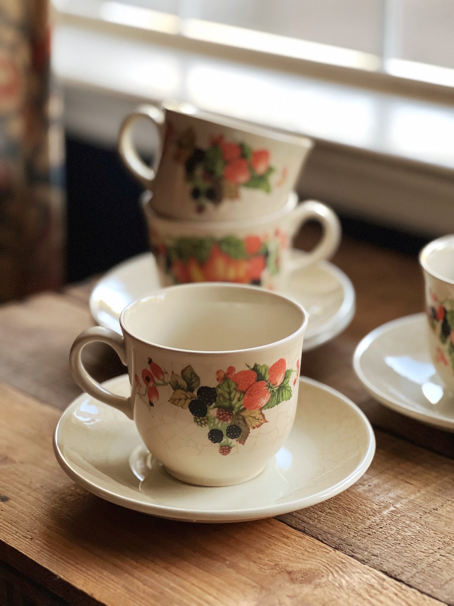 Vintage Staffordshire Harvest Fruit Set of 4 Teacup & Saucer Sets