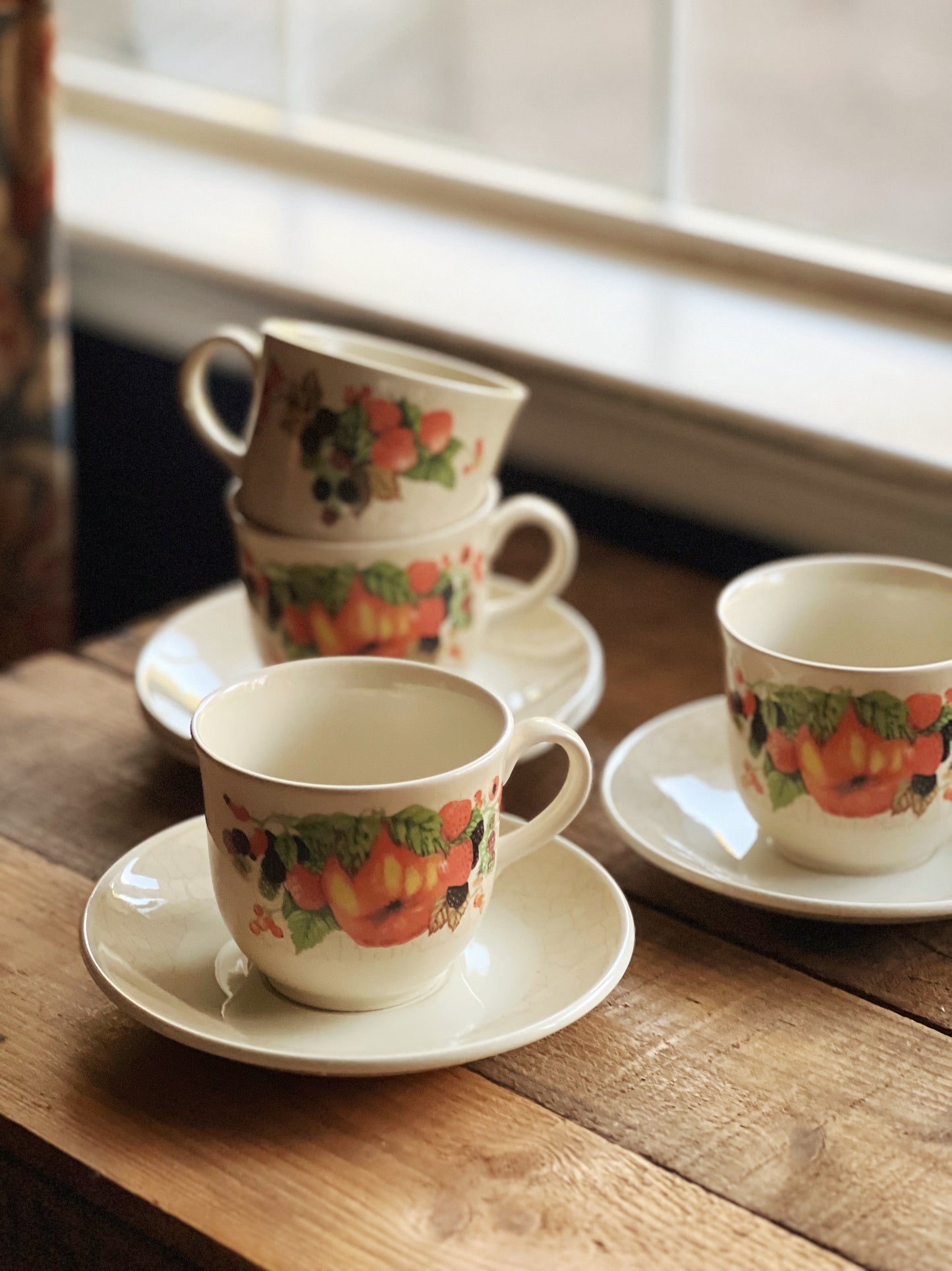 Vintage Staffordshire Harvest Fruit Set of 4 Teacup & Saucer Sets