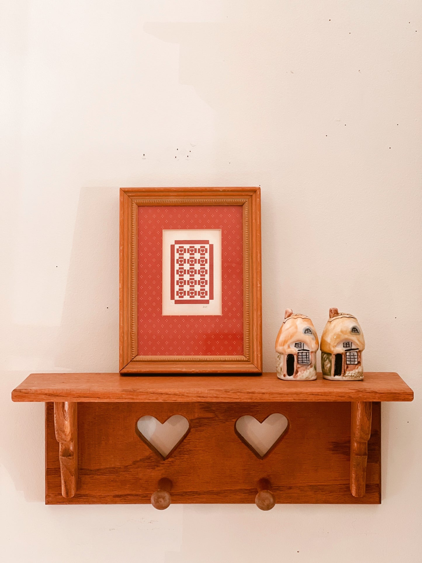 Vintage Wood Farmhouse Shelf with Hanging Pegs