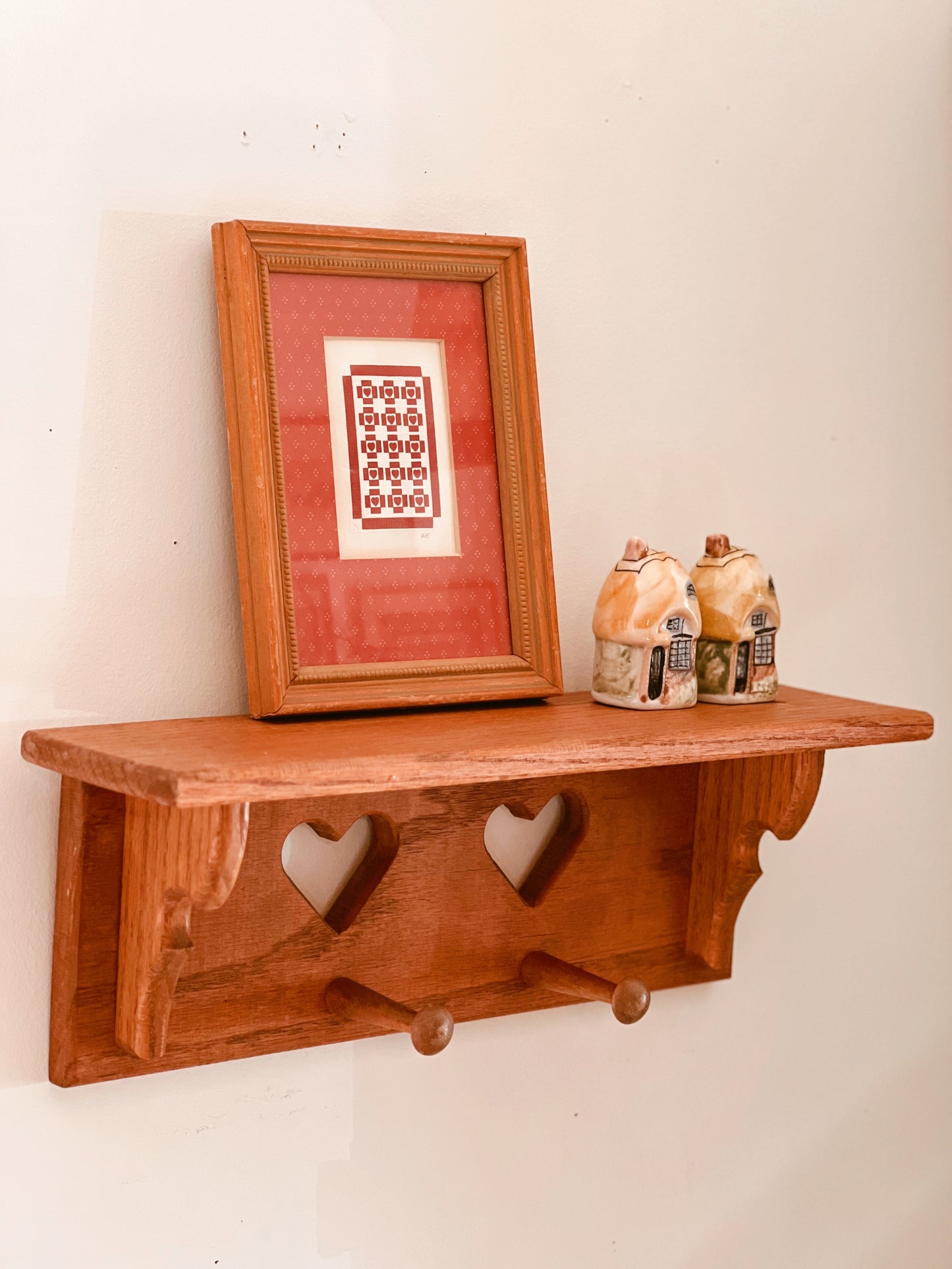 Vintage Wood Farmhouse Shelf with Hanging Pegs