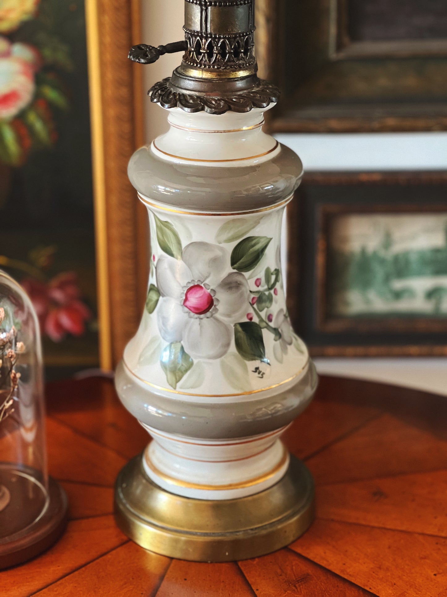 Vintage Hand Painted Ceramic & Brass Table Lamp