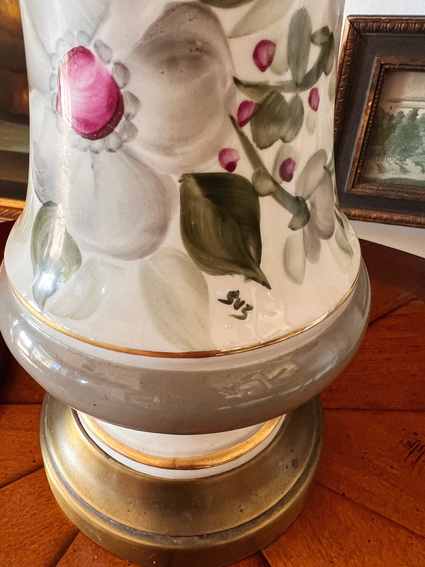 Vintage Hand Painted Ceramic & Brass Table Lamp