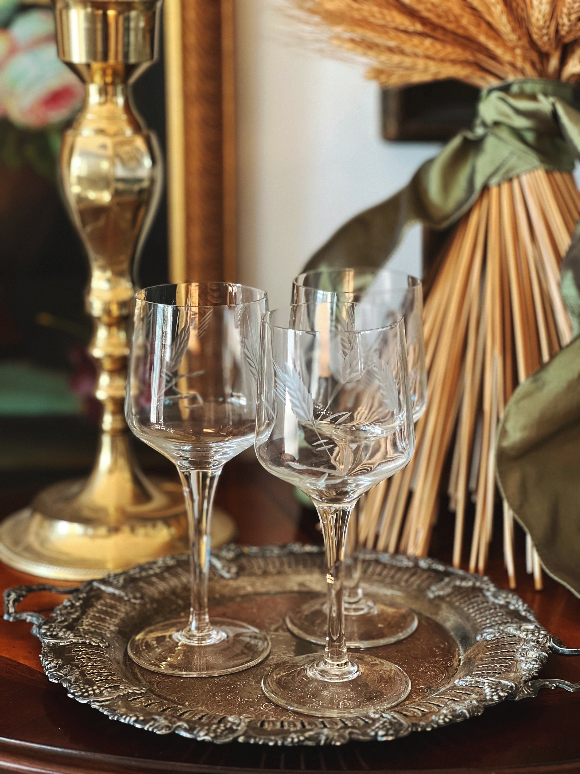 vintage wine glasses on a silver tray