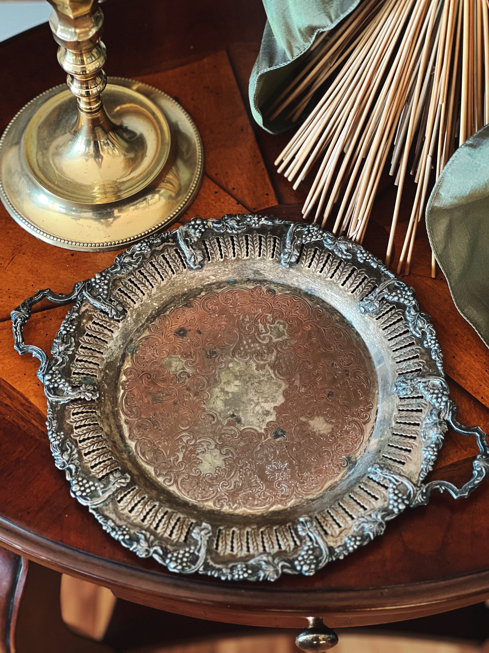 silver serving tray on a table