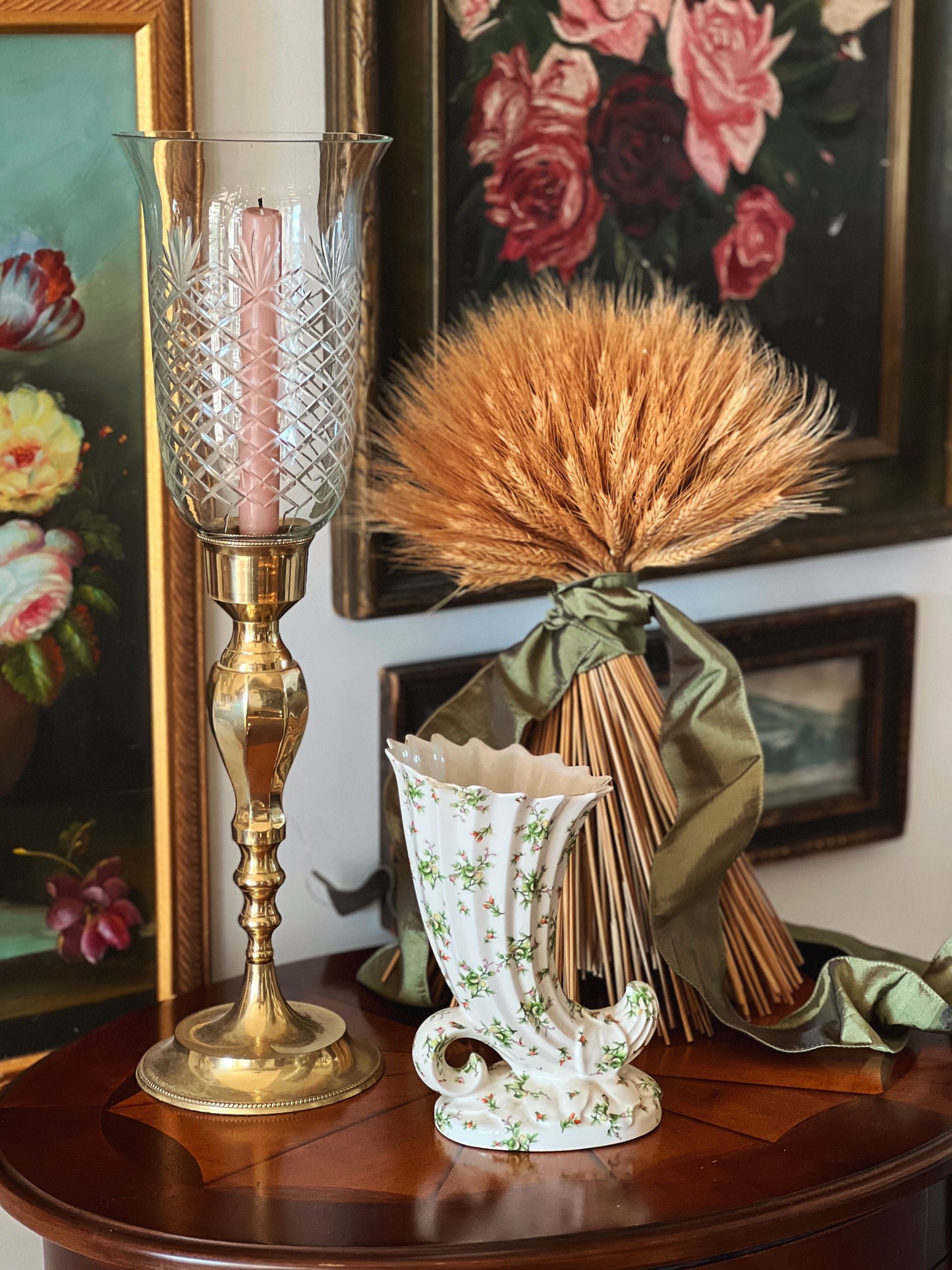 Vintage Brass Taper Candleholder & Cut Glass Hurricane Lamp