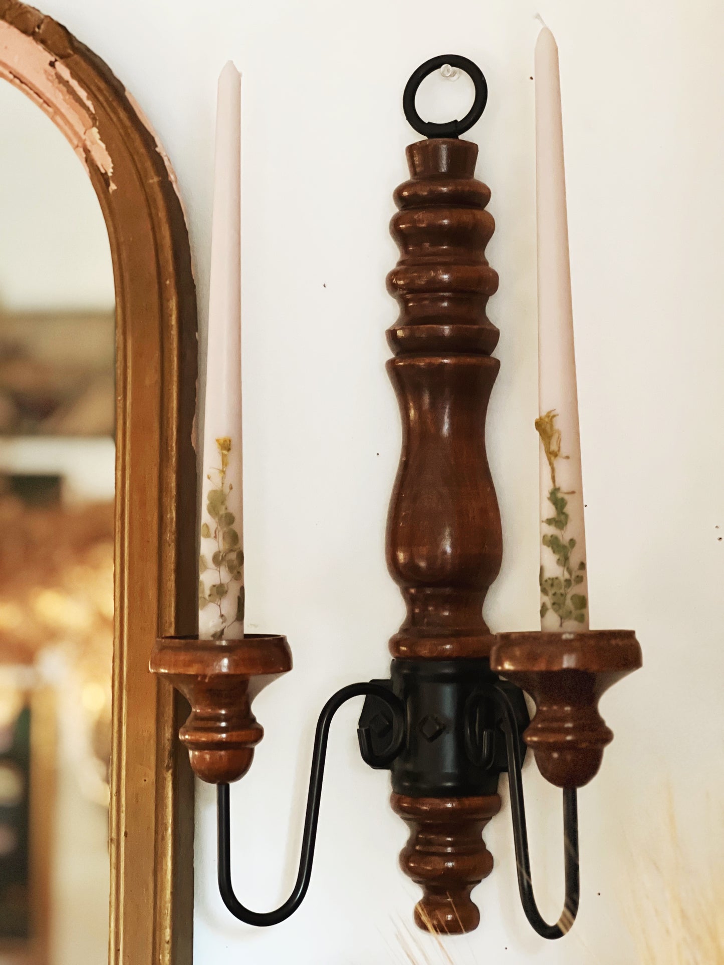 Vintage Two Arm Wood Candle Sconce