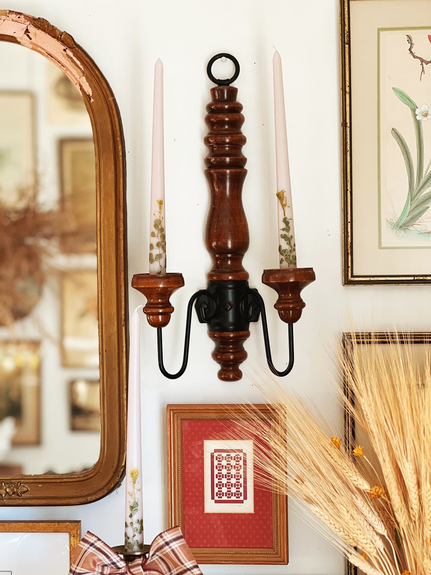 Vintage Two Arm Wood Candle Sconce