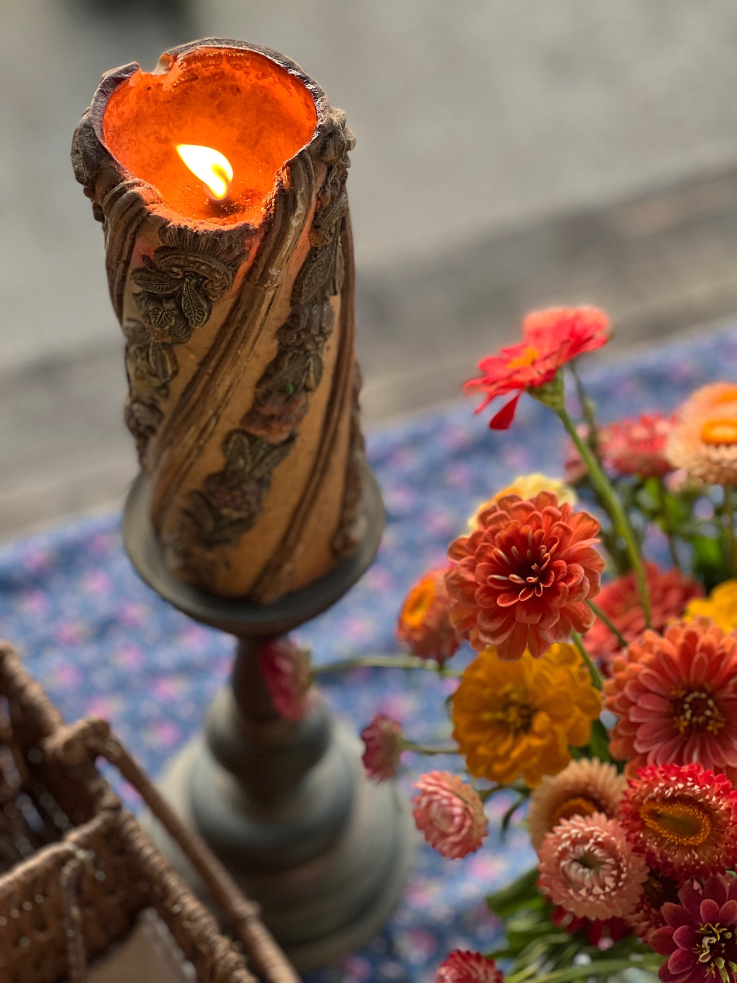 Vintage German Brass Pillar Candleholder with Carved Candle