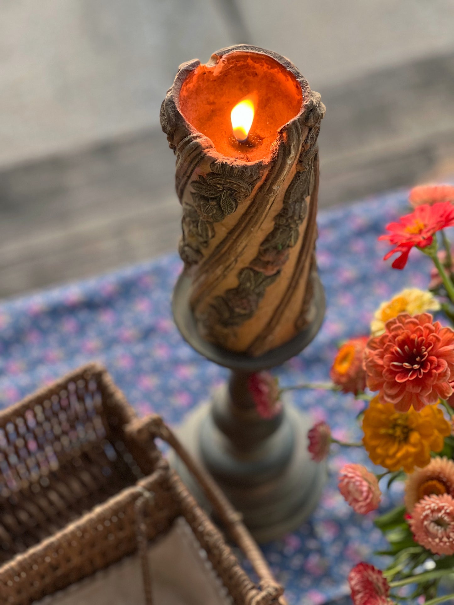 Vintage German Brass Pillar Candleholder with Carved Candle