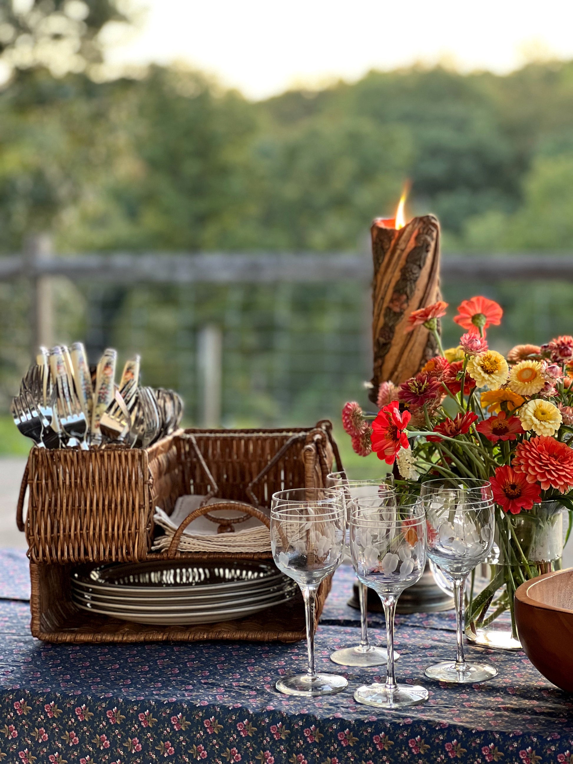 woven picnic server on an outdoor dining table